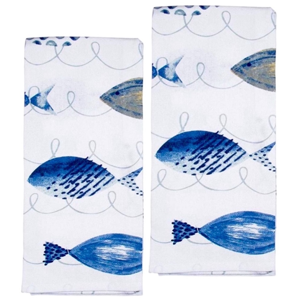 Mabelle Coastal Printed Kitchen Cotton Towels Nautical Beach Blue White 2 Pieces - Picture 16 of 16
